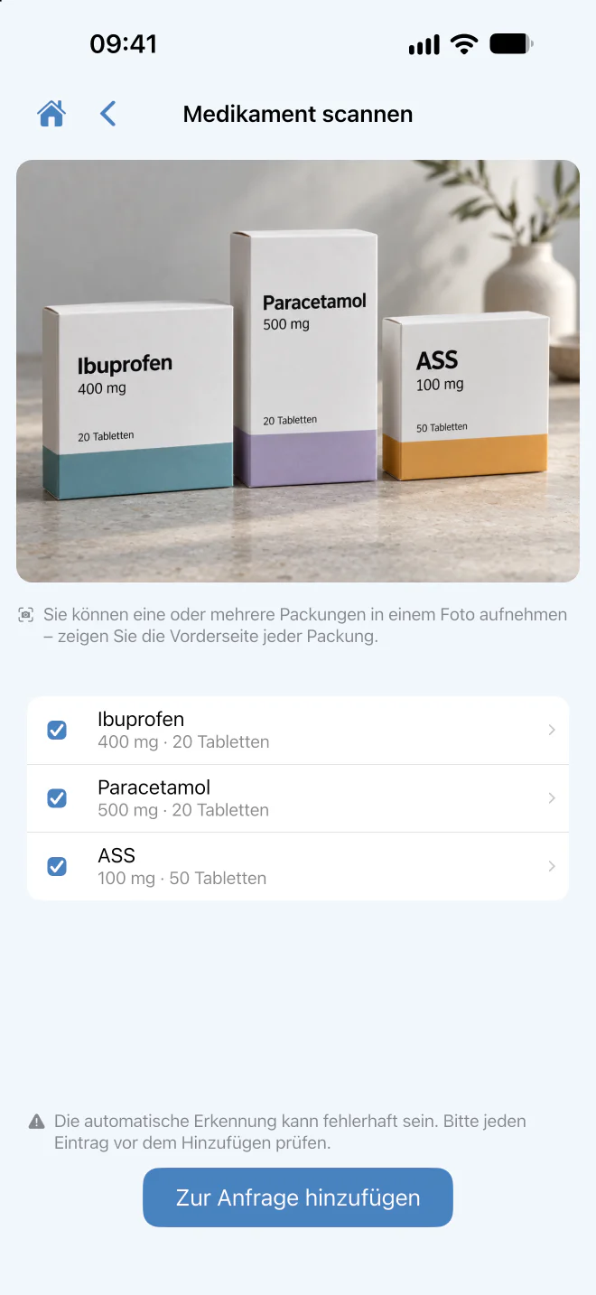 Scan-Ansicht mit geprüften Medikamentenvorschlägen.