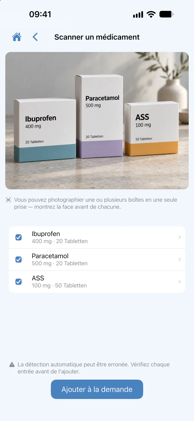 Vérification des suggestions de médicaments après le scan.