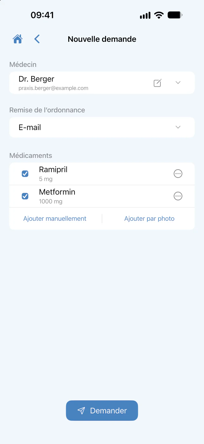 Demande d’ordonnance avec médecin et médicaments sélectionnés.