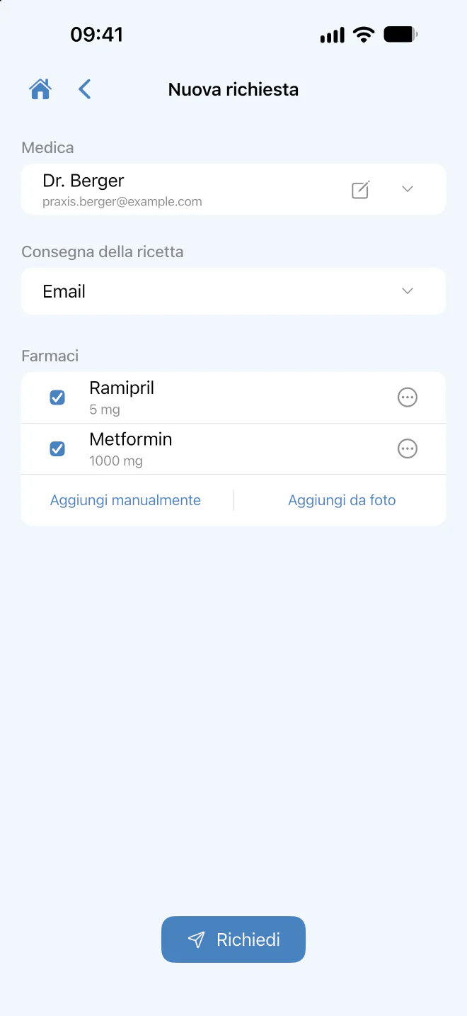 Richiesta di ricetta con medico e medicinali selezionati.