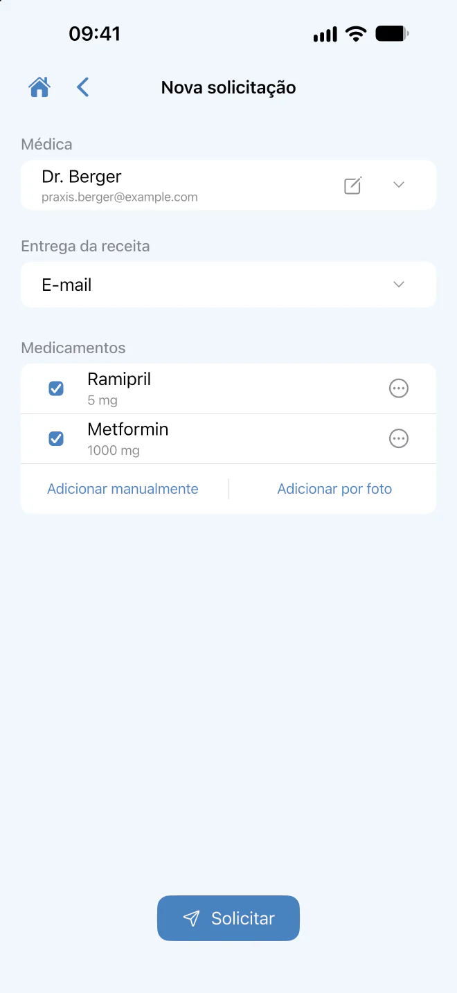 Pedido de receita com médico e medicamentos selecionados.